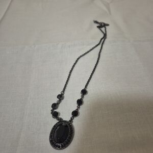 VTG ICING Black Oval Pendant Necklace Silver tone Goth Whimsygoth Emo